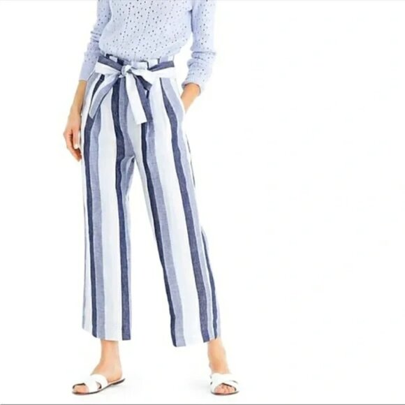 J.Crew Point Sur Paperbag Stripe Linen Pants In Blue and White Stripe Size Sz 10